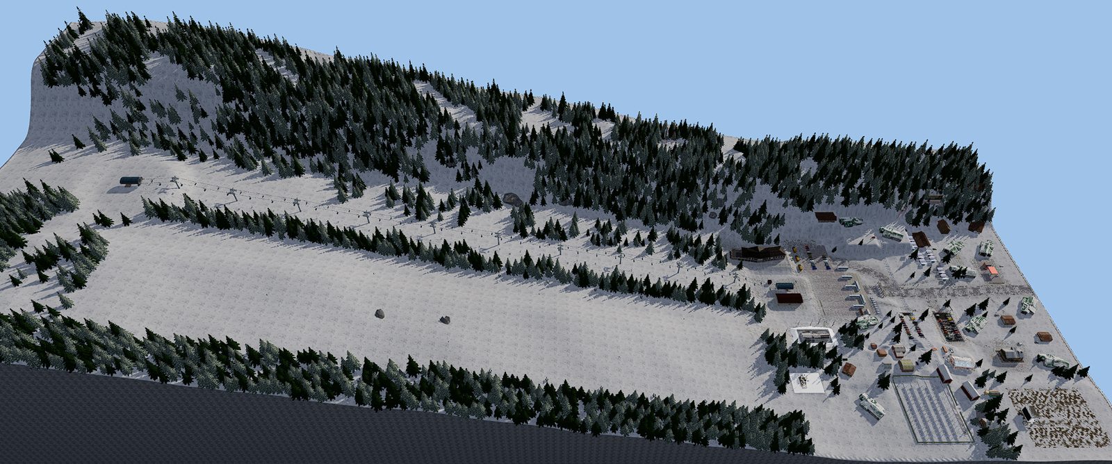 ELIAN digital twin seen from above: the whole ski area, its slopes, forest and base-station buildings in one 3D scene.